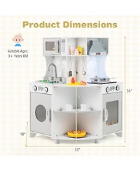 Gymax Corner Wooden Play Kitchen Kids Kitchen Playset w/ Microwave Range Hood Gift
