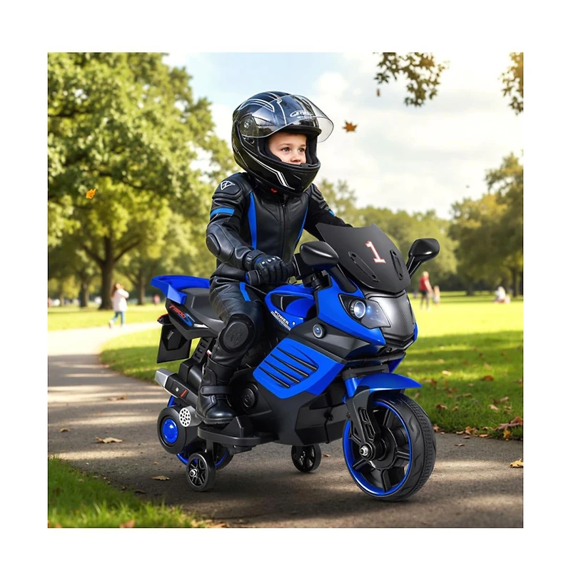 Hongge Kids Electric Ride On Motorcycle with Training Wheels and Realistic Driving Features