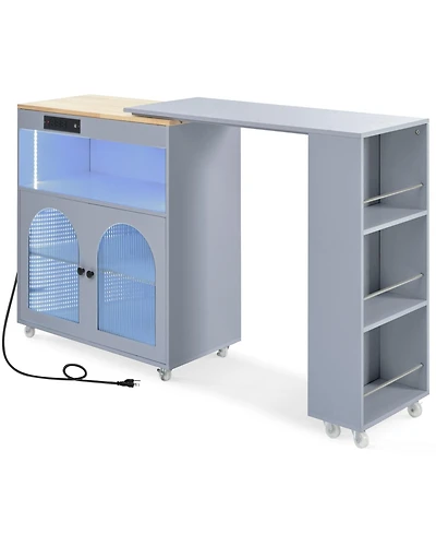 Clihome Rolling Kitchen Island with Extended Table, on Wheels Led Lights