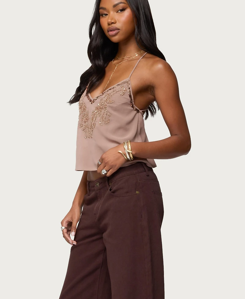 Edikted Women's Sorina Embellished V Neck Top