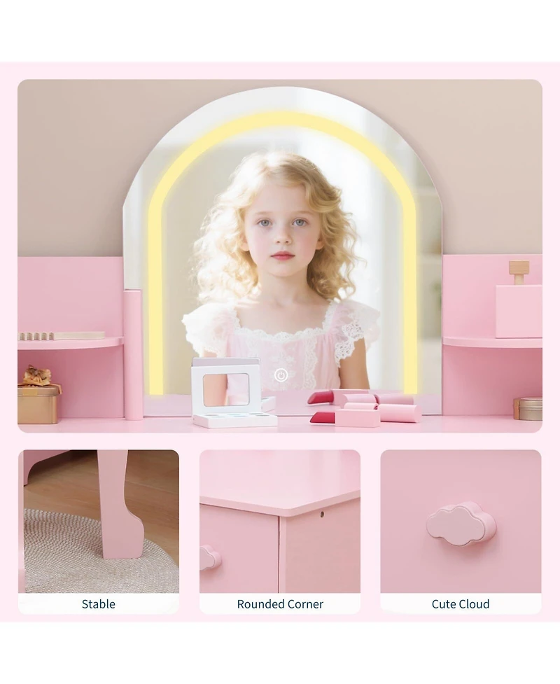 gaomon Kids Vanity with Lighted Mirror & Stool, Little Girls Adjustable Led Light, Bookshelf