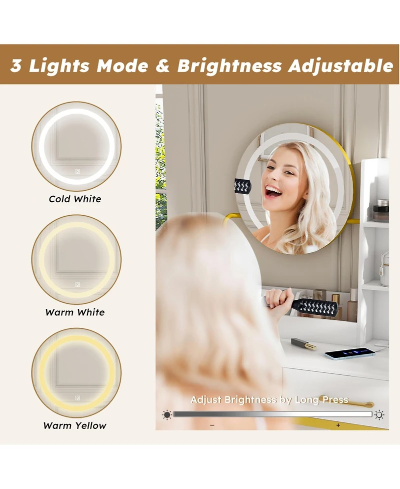 Streamdale Furniture Makeup Vanity with Led Lights, Power Outlet, Drawers & Chair (White