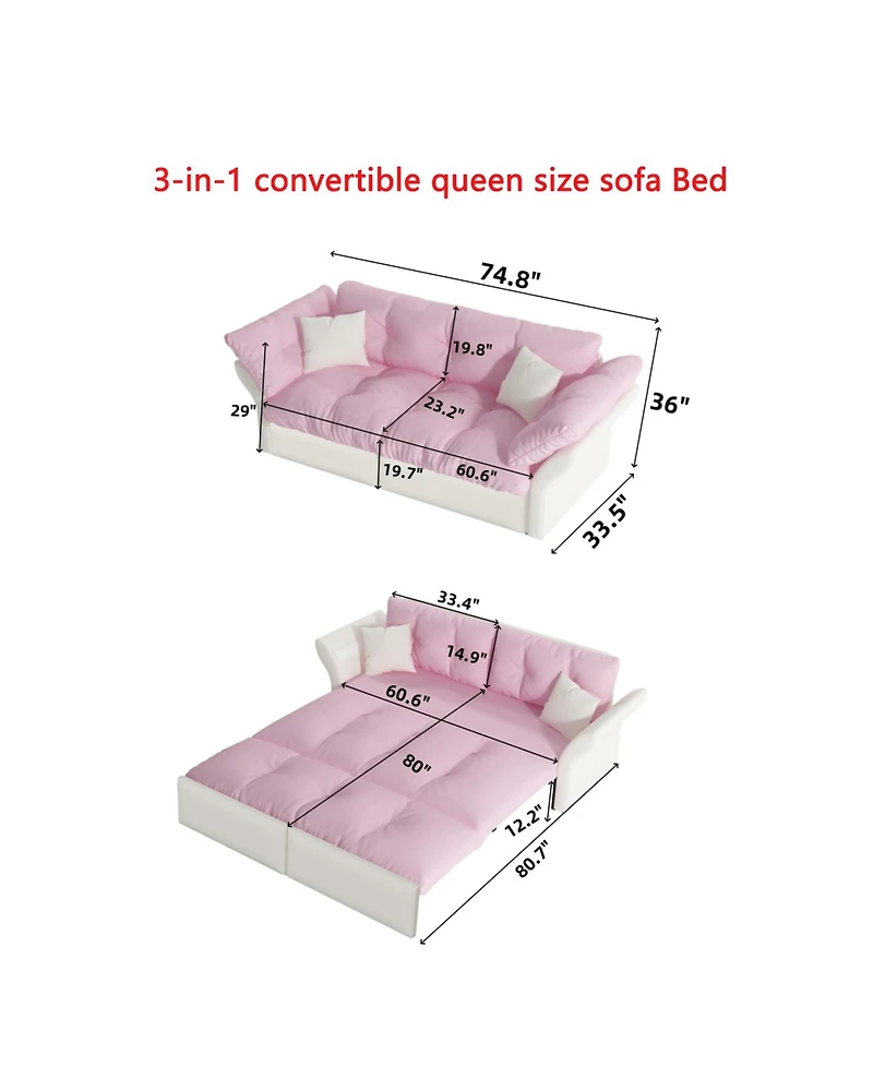 Streamdale Furniture Queen Pull Out Sofa Bed, 3-in-1 Convertible Sleeper, Tufted Velvet Loveseat, Pink