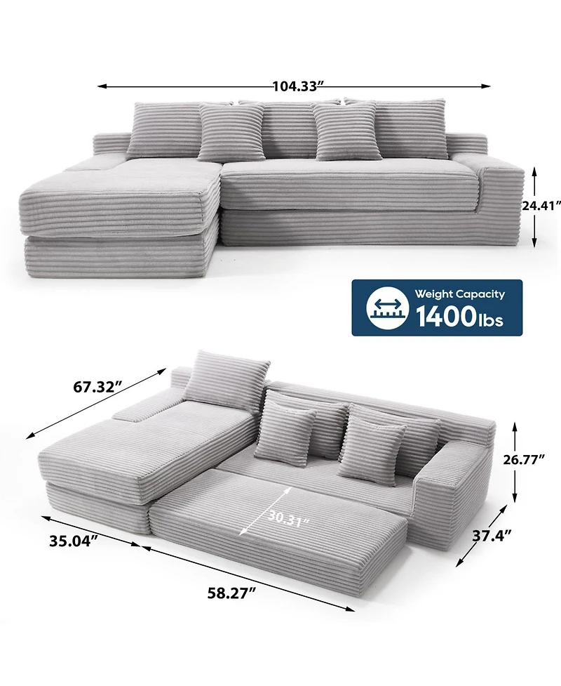 Streamdale Furniture L-Shaped Corduroy Sectional Sofa Bed - Light Gray