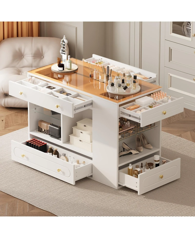 Streamdale Furniture Closet Island with Drawers, Glass Top, Shelves, Jewelry Storage - White
