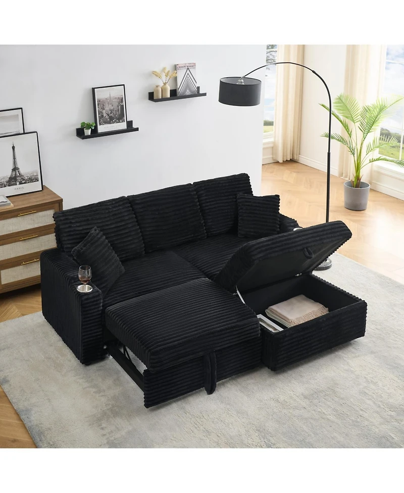 Streamdale Furniture 80" Corduroy Sofa with Reclining, Cup Holders & Removable Footstool, Black