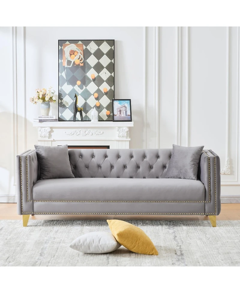 Streamdale Furniture 80" Chesterfield Velvet Sofa, 3-Seater, Button Nailhead, Grey
