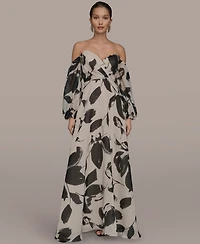 Donna Karan New York Women's Floral Print Sweetheart Neckline Puff Sleeve Gown