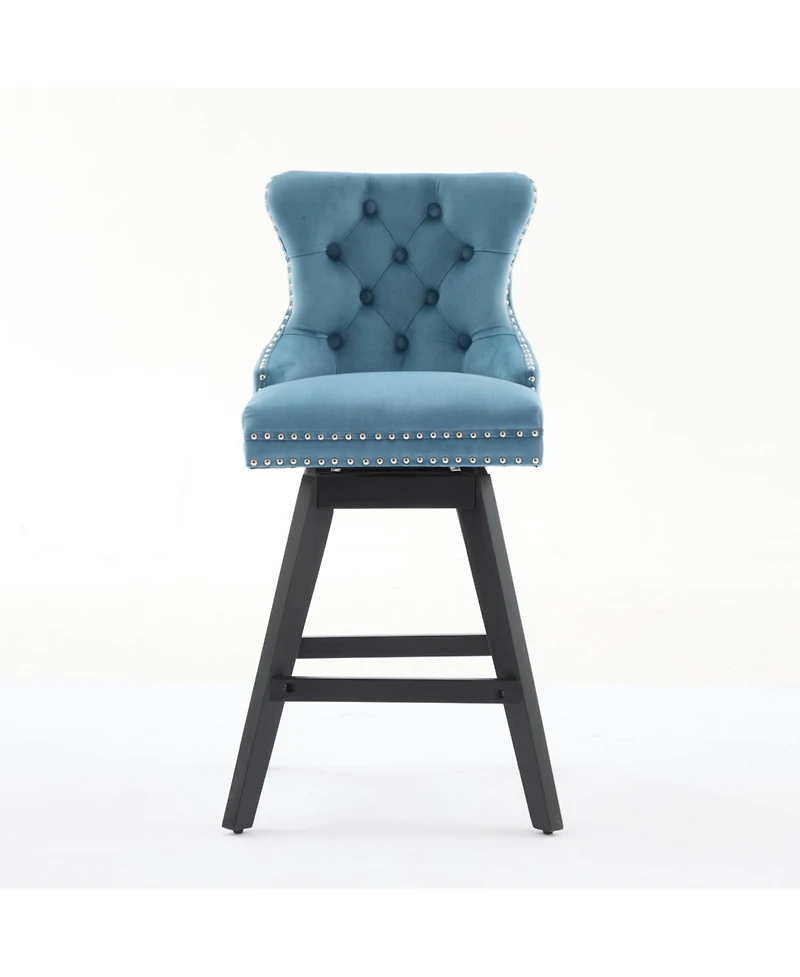 Streamdale Furniture Light Blue Velvet Swivel Bar Stools, Button Tufted, Wood Legs, Set of 2