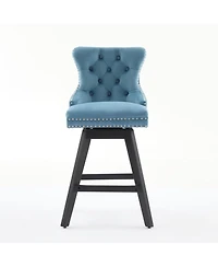 Streamdale Furniture Light Blue Velvet Swivel Bar Stools, Button Tufted, Wood Legs, Set of 2