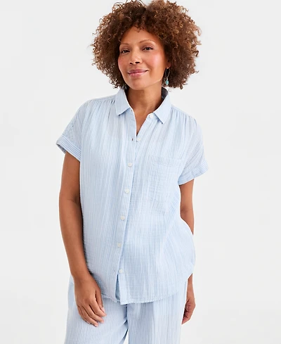 Style & Co Petite Cotton Striped Camp Shirt, Macy's Exclusive