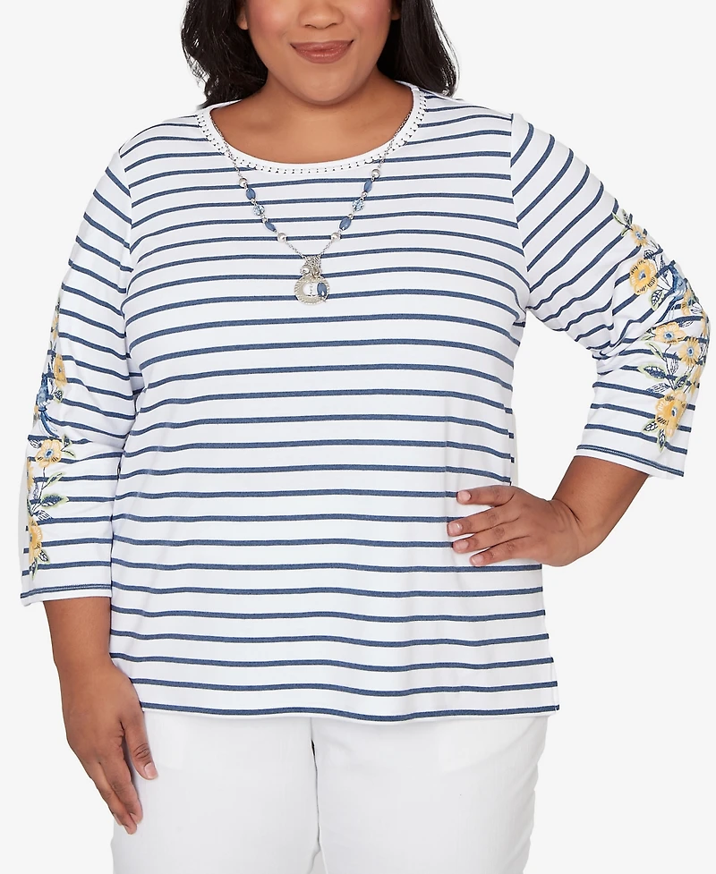 Alfred Dunner Plus Classic Floral Embroidered Stripe Top with Necklace