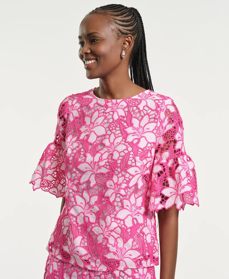 Isaac Mizrahi Women's Boxy Eyelet Crewneck Top