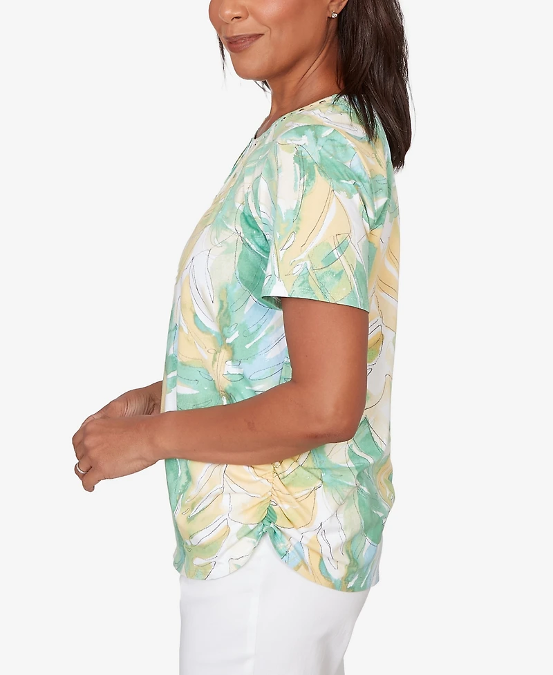 Alfred Dunner Women's Tropical Leaf Beaded Neck Ruched T-Shirt