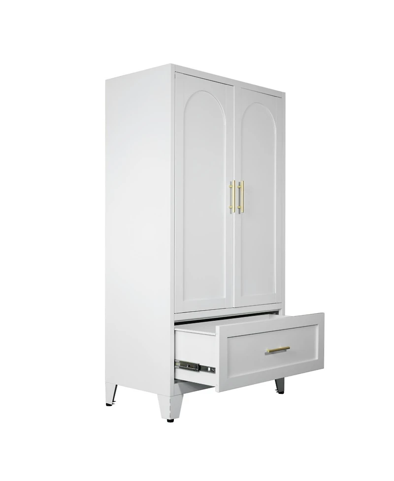 Streamdale Furniture 60" Metal Wardrobe Cabinet with Drawer, Hanging Rod & Shelf (White)
