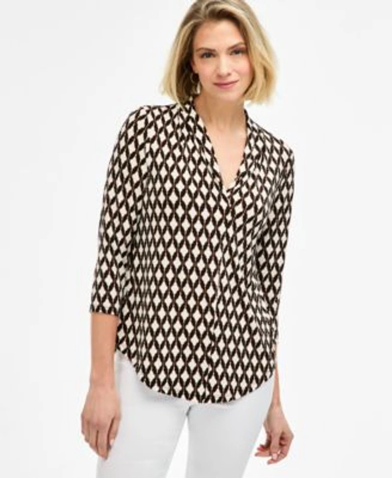 Jm Collection Womens Printed 3 4 Sleeve V Neck Knit Top Macys Exclusive