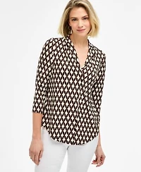 Jm Collection Womens Printed 3 4 Sleeve V Neck Knit Top Macys Exclusive