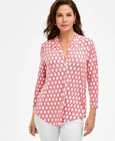 Jm Collection Women's Printed 3/4 Sleeve V-Neck Knit Top, Macy's Exclusive