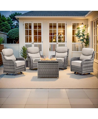 Gymojoy Crescent All-weather Pe Wicker Fire Pit Conversation Set with Olefin 6 Inch Thick Cushions Patio Swivel Chairs (5-Piece)