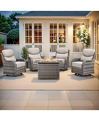 Gymojoy Crescent All-weather Pe Wicker Fire Pit Conversation Set with Olefin 6 Inch Thick Cushions Patio Swivel Chairs (5-Piece)