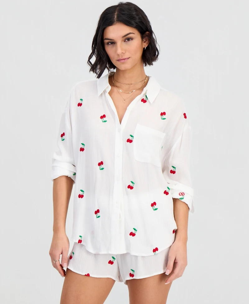 Miken Women's Cherry Embroidered Button-Down Swim Shirt