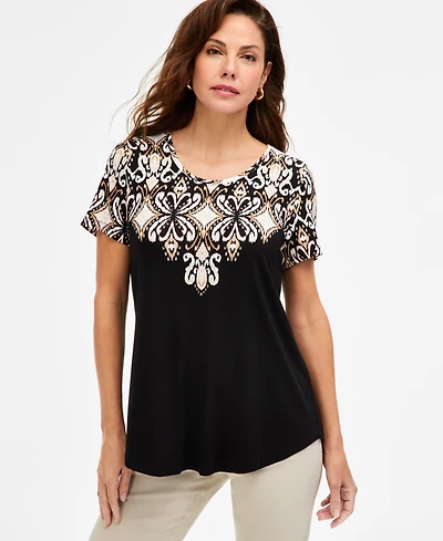 Jm Collection Women's Printed Scoop-Neck Short Sleeve Top, Macy's Exclusive