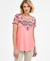 Jm Collection Womens Printed Scoop Neck Short Sleeve Top Macys Exclusive