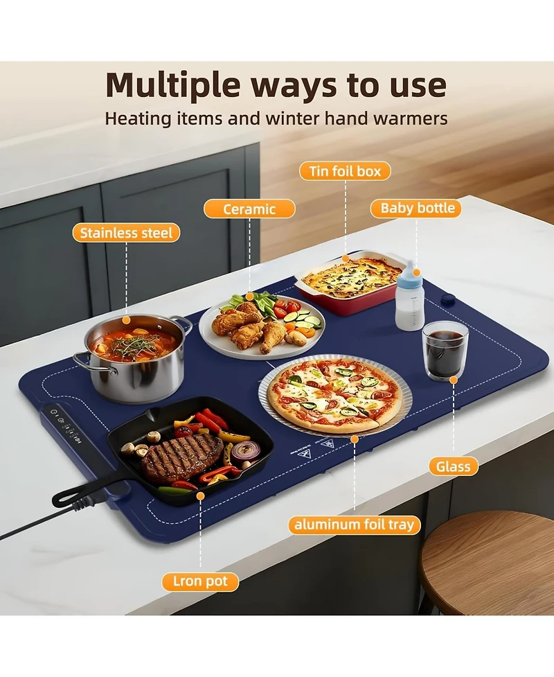 Cowsar Warming Mat for Food, 3-Temp Electric Warmer (140/176/212°F), 250W Low Energy, Auto Shut-Off & Child Safety Lock, Portable Roll-Up Silicon