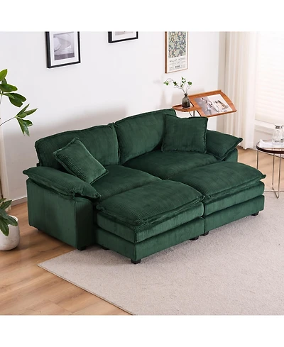 Streamdale Furniture Corduroy 2-Seat Sofa with Pillows & Ottomans - Green