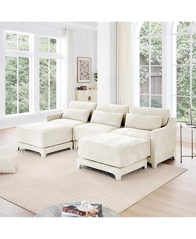 Streamdale Furniture Beige Chenille 3-Seater Sofa with Ottomans
