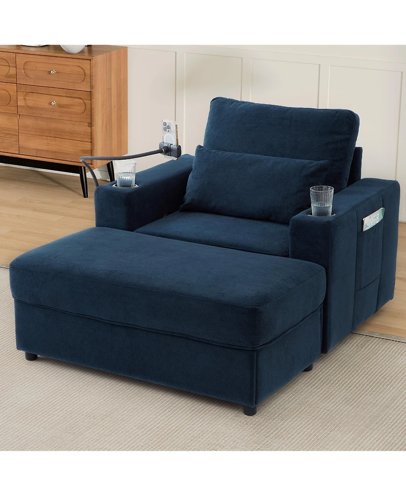 Streamdale Furniture Modern Armchair Chaise Lounge Sofa w/ Ottoman, Usb Ports, Cup & Phone Holders - Blue