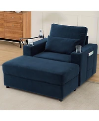 Streamdale Furniture Modern Armchair Chaise Lounge Sofa w/ Ottoman, Usb Ports, Cup & Phone Holders - Blue