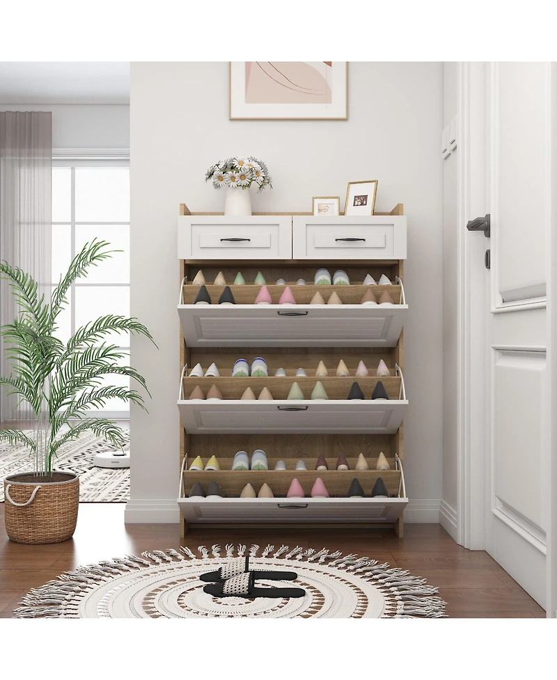 Clihome shoe cabinet with 3 doors 2 drawers,large space for storage,White+Oak