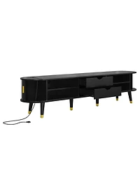Streamdale Furniture Wooden Oval Tv Stand with Charging Station, Mid-Century Media Console, Black