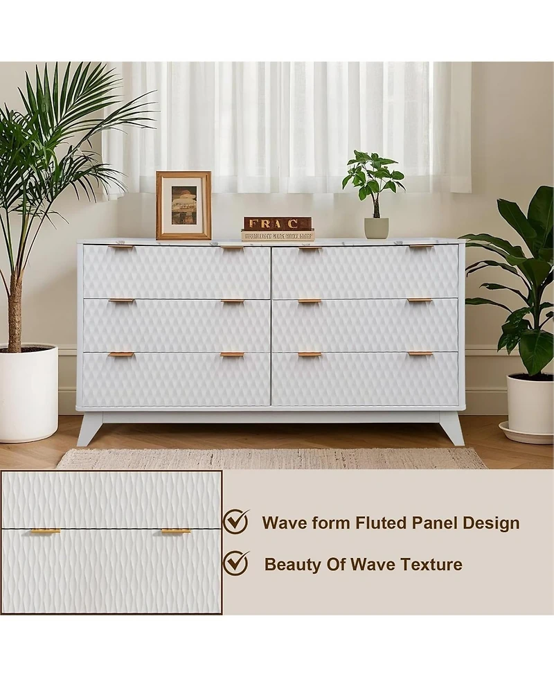 gaomon 54" Rustic Drip-Pattern 6-Drawer Dresser with Faux Marble Top, Wide Farmhouse Storage Chest for Nursery, Bedroom, Living Room, Hallway