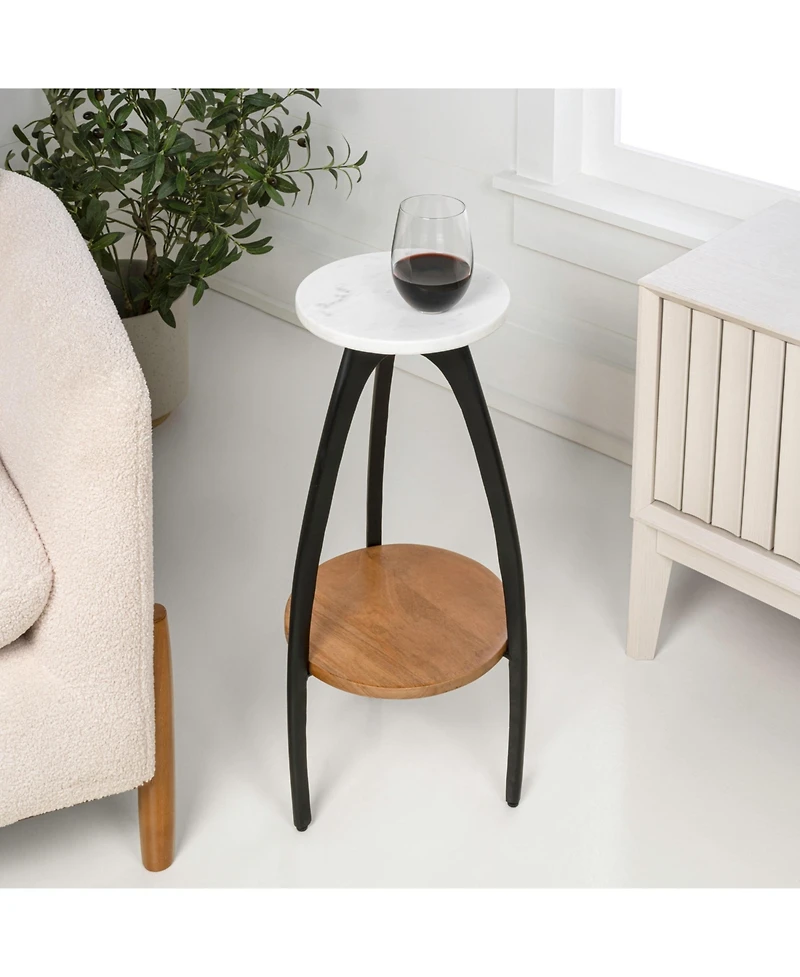 Jonathan Y Ollie 24.5" Designer Farmhouse Metal Tripod Drink Table and Decorative End Table with White Marble Round Top and Wood Undershelf