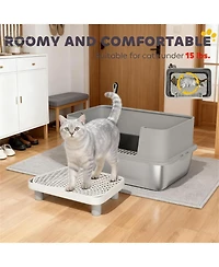 Aostirmotor Sleek Gray Stainless Steel Litter Box with High Sides & Scoop – Elevate Your Home with Refined Odor Control