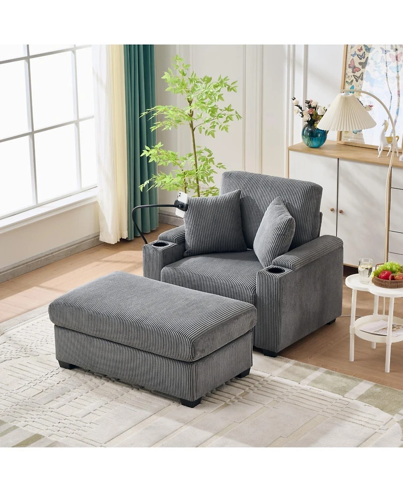 Streamdale Furniture55" Oversized Corduroy Chaise Lounge Chair with Ottoman, Storage & Usb - Grey