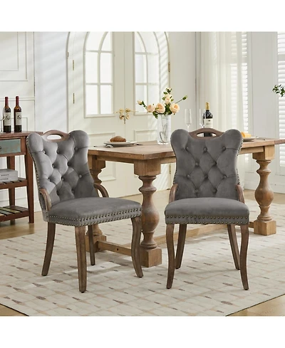 Streamdale Furniture Velvet Tufted Dining Chairs, Wood Handles & Legs, Copper Nails, Set of 2, Gray