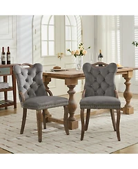 Streamdale Furniture Velvet Tufted Dining Chairs, Wood Handles & Legs, Copper Nails, Set of 2, Gray