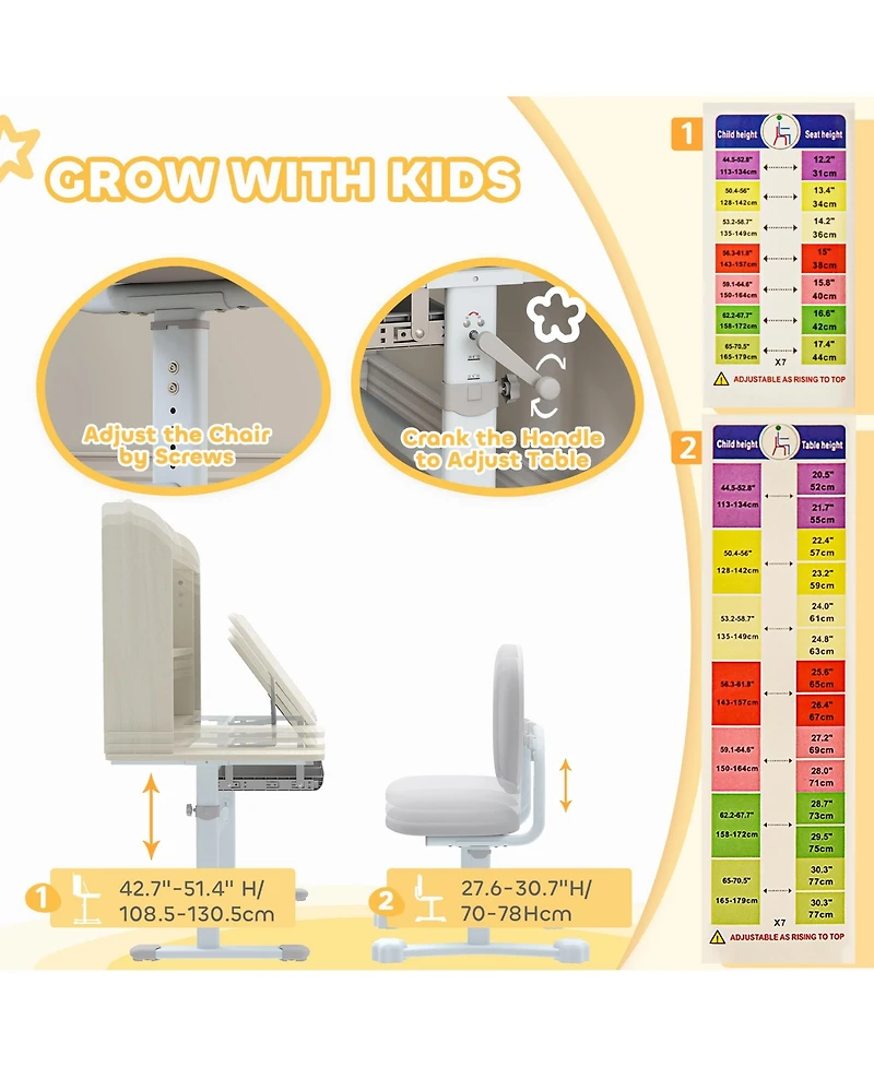 Qaba Kids Study Desk and Chair Set with Tiltable Desktop and Hutch,