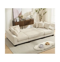 Maison Boucle 114" U-Shaped Corduroy Upholstery Pull-Out Sleeper Bed, Oversized Convertible Sectional, Chaise Lounges, Pillows & Cushions Sofa Be