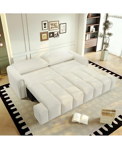 Maison Boucle Modern 4-Seat Teddy Fabric Sleeper Sofa with Storage, 90" Pull-Out Couch Bed, King Convertible for Living Room