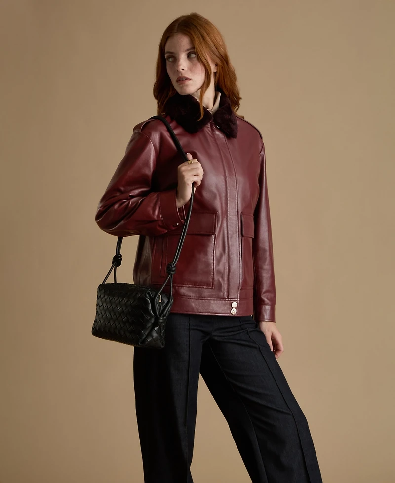 Furniq Uk Women's Leather Jacket with Detachable Shearling Collar