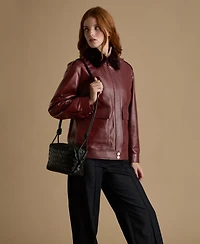 Furniq Uk Women's Leather Jacket with Detachable Shearling Collar