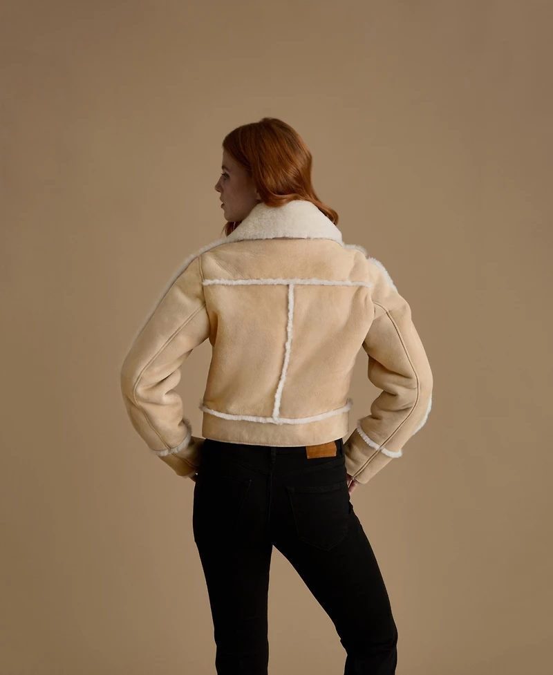 Furniq Uk Women's Cropped Suede Shearling Jacket