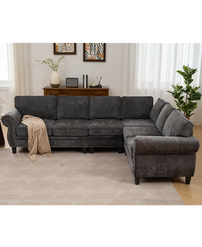 Streamdale Furniture Dark Gray Chenille Sectional Sofa, Rivets, Rolled Arm, 6 Seater