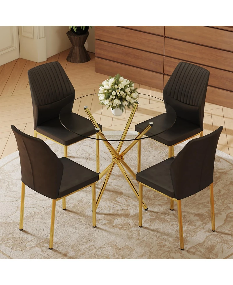 Streamdale Furniture Modern Luxe 4-Piece Dining Set - Round Glass Table & Black-Gold Chairs