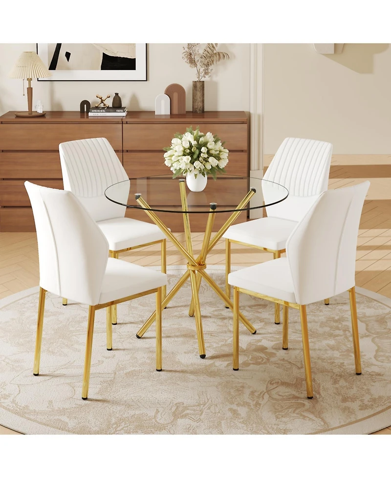 Streamdale Furniture 4-Piece Round Glass Dining Set with White-Gold Chairs