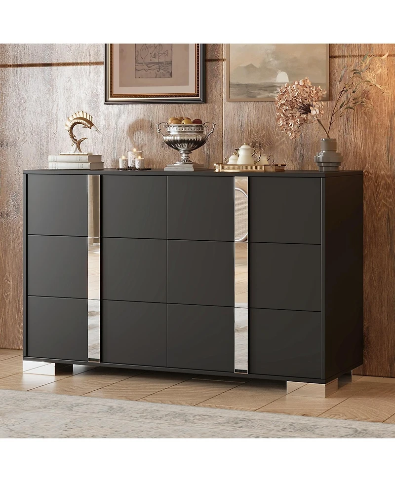 Streamdale Furniture Modern Black Dresser with Mirrored Storage & 6 Drawers